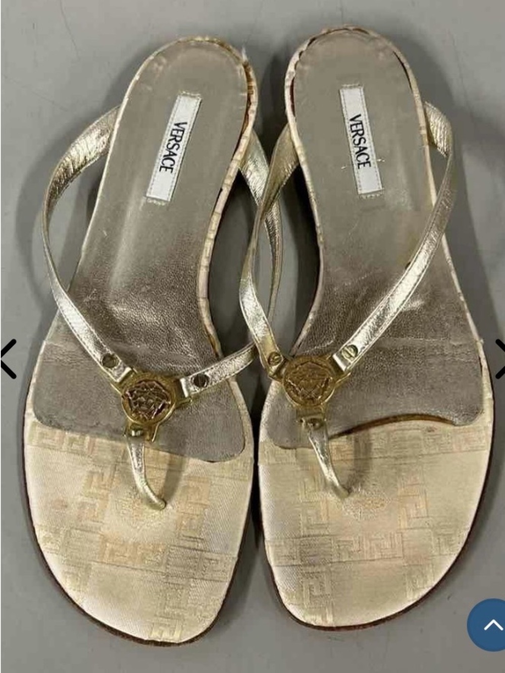 Versace Cream and Gold Leather T-Strap Sandals